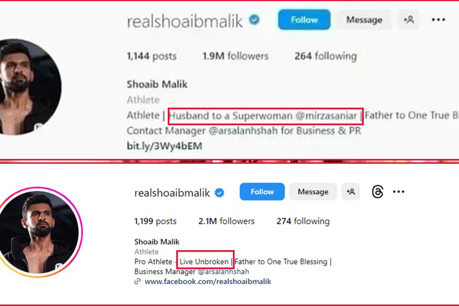 May be an image of 2 people, beard and text that says "realshoaibmalik Follow 1,144 posts Message 1.9M followers 264 following Shoaib Malik Athlete Athlete Husband to Superwoman @mirzasaniar Father to One True Blessing Contact Manager @arsalanhshah for Business & PR bit.ly/3Wy4bEM realshoaibmalik Follow 1,199 posts Message 2.1M followers 274 following Shoaib Malik Athlete Pro Athlete LiveUen Father to One True Blessing Business Manager @arsalanhshah @www.facebook.com/ralshoaibmalik"